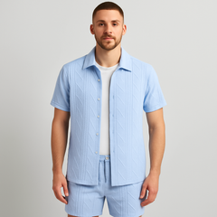 2-teiliges Jacquard-Strick-Set für Herren – Kurzarmhemd und Shorts in Unifarbe, Premium-Freizeitoutfit in Hellblau