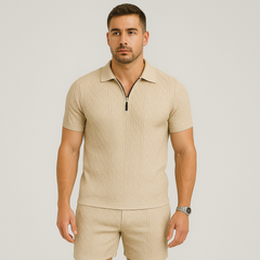 Sportliches 2-teiliges Herren-Set – Atmungsaktives, schnelltrocknendes Wendehemd und Jacquard-Shorts in Khaki