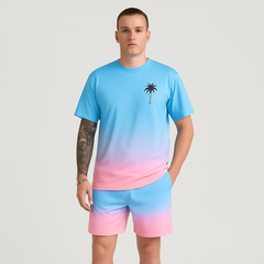 Herren Sommer Casual Set – Kurzarm Rundhalsausschnitt & Shorts mit 3D HD Digitaldruck in Tiefes Himmelblau