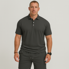 Herren Sommer Casual Set – Leichtes Oberteil mit Golfkragen und einfarbige Shorts mit Taschen in Bleifarbe