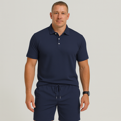 Herren Sommer Casual Set – Leichtes Oberteil mit Golfkragen und einfarbige Shorts mit Taschen in Marineblau
