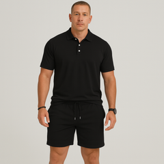Herren Sommer Casual Set – Leichtes Oberteil mit Golfkragen und einfarbige Shorts mit Taschen in Schwarz