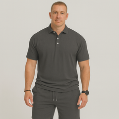 Herren Sommer Casual Set – Leichtes Oberteil mit Golfkragen und einfarbige Shorts mit Taschen in Dunkelgrau