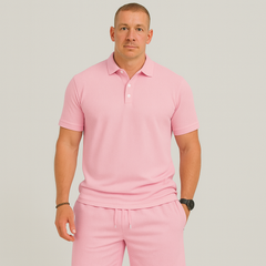 Herren Sommer Casual Set – Leichtes Oberteil mit Golfkragen und einfarbige Shorts mit Taschen in Rosa