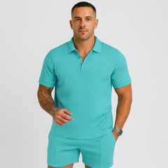 Herren Sommer Casual Set – Kurzarm-Poloshirt & passende Shorts in Cyan