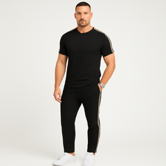 Retro-Streetwear-Set für Herren – Loose Fit T-Shirt mit Seitenstreifen und passender Hose in Schwarz