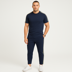Retro-Streetwear-Set für Herren – Loose Fit T-Shirt mit Seitenstreifen und passender Hose in Marineblau