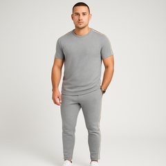 Retro-Streetwear-Set für Herren – Loose Fit T-Shirt mit Seitenstreifen und passender Hose in Grau