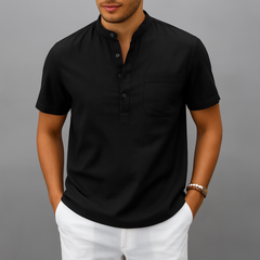 Herren Henley Poloshirt mit Knopfleiste und Relaxed Fit in Schwarz
