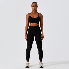 Nahtloses Yoga- und Pilates-Set für Damen – Sport-BH, Shorts mit hoher Taille und Leggings in Schwarz