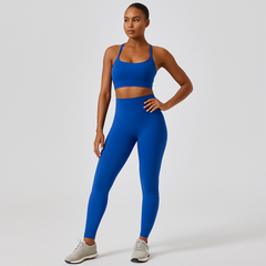 Nahtloses Yoga- und Pilates-Set für Damen – Sport-BH, Shorts mit hoher Taille und Leggings in Blau