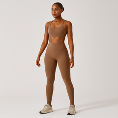 Nahtloses Yoga- und Pilates-Set für Damen – Sport-BH, Shorts mit hoher Taille und Leggings in Braun