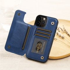 LeatherGard | Luxuriöse Handyhülle aus Leder mit Kartenfächern und Magnetverschluss | Schulte in Blau