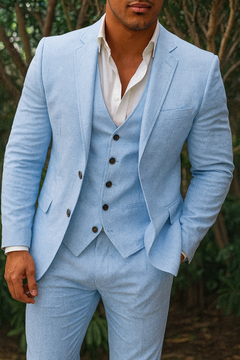 Dreiteiliges Herrenanzugset aus Leinen – Blazer, Weste und Hose, ideal für Hochzeiten und formelle Anlässe in Himmelblau