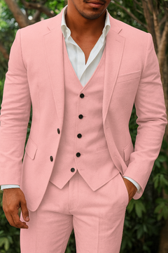 Dreiteiliges Herrenanzugset aus Leinen – Blazer, Weste und Hose, ideal für Hochzeiten und formelle Anlässe in Rosa