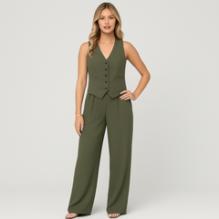 Elegantes 2-teiliges Set für Damen – Ärmelloses Top mit V-Ausschnitt und passende einfarbige Hose in Armeegrün