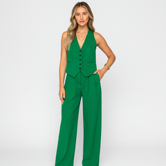 Elegantes 2-teiliges Set für Damen – Ärmelloses Top mit V-Ausschnitt und passende einfarbige Hose in Grün