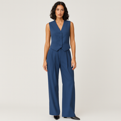 Elegantes 2-teiliges Set für Damen – Ärmelloses Top mit V-Ausschnitt und passende einfarbige Hose in Blau