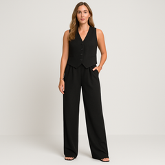 Elegantes 2-teiliges Set für Damen – Ärmelloses Top mit V-Ausschnitt und passende einfarbige Hose in Schwarz