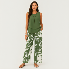 Lässiges 2-teiliges Damen-Set – Einfarbiges ärmelloses Oberteil und geblümte Hose mit weitem Bein in Matcha