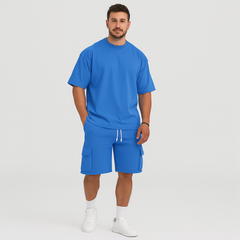 Herren-Sportbekleidungsset – Atmungsaktives Polyester-Rundhals-T-Shirt & Shorts mit Kordelzug und Taschen in Königsblau