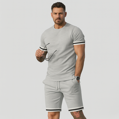 Neues lässiges 2-teiliges Herren-Set – Kurzarm-T-Shirt mit Rundhalsausschnitt und Shorts mit Kordelzug in Unifarbe in Hellgrau