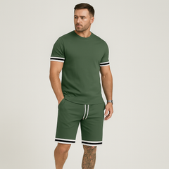 Neues lässiges 2-teiliges Herren-Set – Kurzarm-T-Shirt mit Rundhalsausschnitt und Shorts mit Kordelzug in Unifarbe in Grün