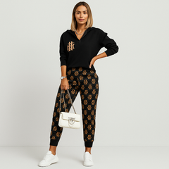 Schicker 2-teiliger Trainingsanzug für Damen – Kariertes Reißverschlussoberteil & schmal zulaufende Hose mit Seitenstreifen in Schwarzbraun