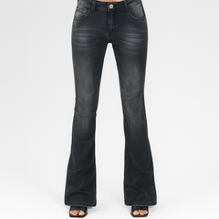 Sophia – Damen-Bootcut-Schlagjeans mit niedriger Taille aus einfarbigem Stretch-Denim in Schwarz