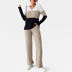 Damen Zweiteiler mit Reißverschluss – Gestreiftes Top & High-Waist Hose mit weitem Bein in Khaki