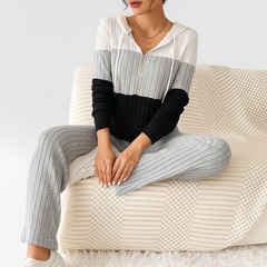 Damen Zweiteiler mit Reißverschluss – Gestreiftes Top & High-Waist Hose mit weitem Bein in Grau