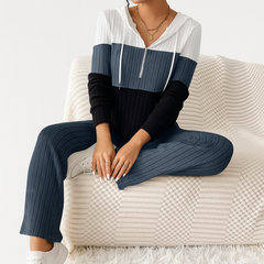 Damen Zweiteiler mit Reißverschluss – Gestreiftes Top & High-Waist Hose mit weitem Bein in Blau