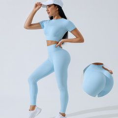 Damen Sportset 2-teilig – Kurzarm Top & High Waist Leggings für Yoga & Pilates in Blau