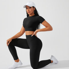 Damen Sportset 2-teilig – Kurzarm Top & High Waist Leggings für Yoga & Pilates in Schwarz