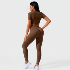 Damen Sportset 2-teilig – Kurzarm Top & High Waist Leggings für Yoga & Pilates in Braun