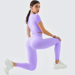 Damen Sportset 2-teilig – Kurzarm Top & High Waist Leggings für Yoga & Pilates in Lila
