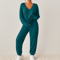 Damen Lounge-Set aus Rippstrick – Unifarbenes V-Ausschnitt-Top & Jogginghose mit Gummibund in Meeresblau