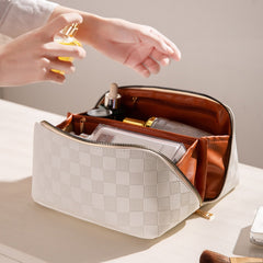 Damen-Reisekulturtasche, stilvolles Karomuster, strapazierfähiges Material in Creme