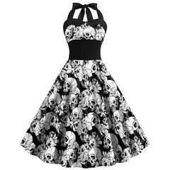 Damen Halloween Kleid | Rockabilly Kleid mit Totenkopf Print und Neckholder in Schwarz