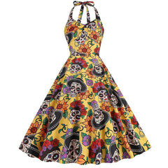 Damen Halloween Kleid | Rockabilly Kleid mit Totenkopf Print und Neckholder in Gelb