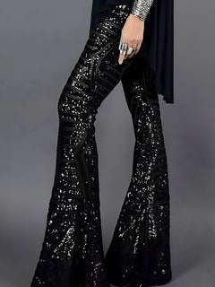 Damen Ausgestellte Paillettenhose Festlich Polyester Glänzend in Schwarz