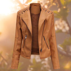 Damen Bikerjacke Kunstleder Tailliert mit Schulterdetail und Reißverschluss in Orange