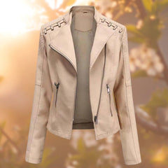 Damen Bikerjacke Kunstleder Tailliert mit Schulterdetail und Reißverschluss in Khaki