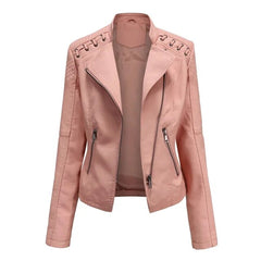 Damen Bikerjacke Kunstleder Tailliert mit Schulterdetail und Reißverschluss in Rosa