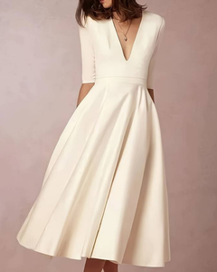 Damen Kleid mit weitem Rock | Elegantes Midikleid für Feier & Anlass in Weiß