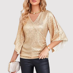 Damen Glamouröses Kurzarm-Oberteil Pailletten in Gold