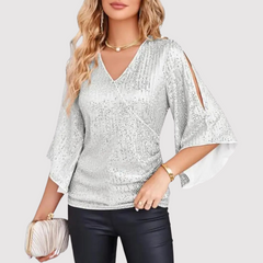 Damen Glamouröses Kurzarm-Oberteil Pailletten in Silber