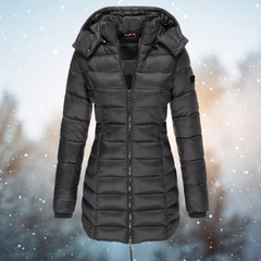 Damen Lange Steppjacke mit Kapuze Winterjacke Warm Gefüttert Komfortabel in Schwarz