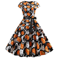 Damen Halloween-Kleid mit Print Kurzarm & Ausgestellter Knie-Länge | Midi in Weiß