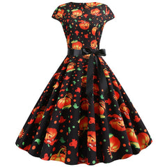 Damen Halloween-Kleid mit Print Kurzarm & Ausgestellter Knie-Länge | Midi in Schwarz